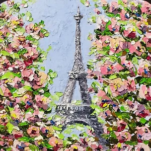 Spring Paris Painting Eiffel Tower Flowers Textured Original Art By Marina - Picture 1 of 10