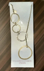 Chico’s goldfarbene dreikreisige Halskette neu mit Etikett – Strass Creolenanhänger 30” Geschenk - Bild 1 von 6