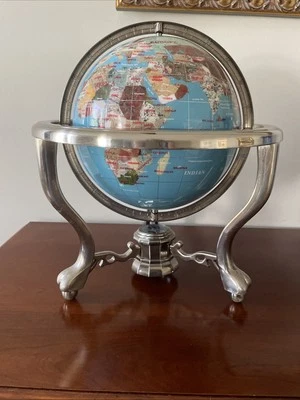 World Globe Spin Round Inlaid Turquoise Gemstones 14”x 12” Compass Matte Stand - Image 1 of 4