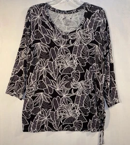 Palm Grove XL Black White Floral 3/4 Sleeve Gathered One Side Women Top - Picture 1 of 10