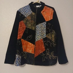 White Stag Kimono Style Patchwork Jacket Woman Large Full Zip Black Lined Zen - Picture 1 of 10
