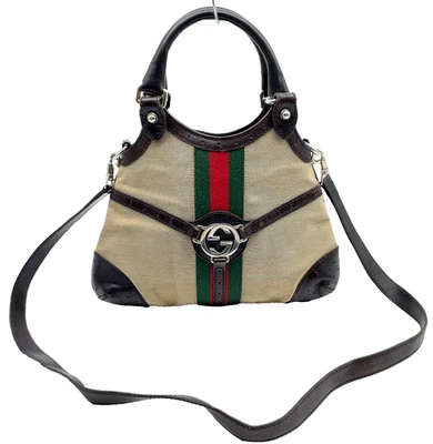 Gucci 114873 Sherry Line Interlocking G Canvas Leather Brown 2way Bag NS101429 - Image 1 of 4