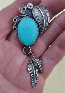 Collar colgante grande de plata de ley 925 hojas plumas y turquesa - Imagen 1 de 5