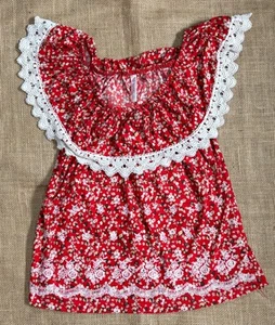 Camisa Roja Floral Pequeña Mediana Encaje Volantes Nivel Borde Folk Campesino Cottage Core - Imagen 1 de 6