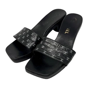 CHANEL Vintage CC Mark Logo Sandals #37 US 7 Heels Black White Leather Rank B - Picture 1 of 10