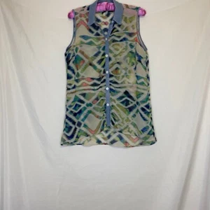 New Directions Womens Button Up Shirt Multicolor Ikat Geometric Sleeveless M - Picture 1 of 4