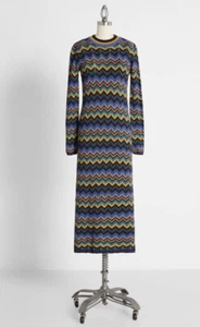 ModCloth Sweater Midi Dress Long Sleeve Chevron Knit Womens Large Casual - Picture 1 of 9