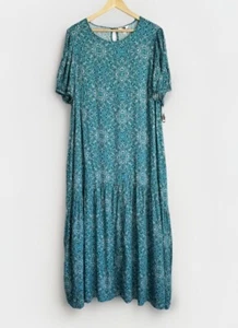 Terra & Sky Women Tiered Maxi Dress 2X Blue Peasant Prairie Short Sleeve Pockets - Picture 1 of 11