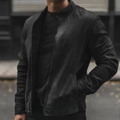 Chaqueta de cuero de gamuza negra para hombre Aries 100 % cuero de gamuza real calce ajustado Foto 1 de 4