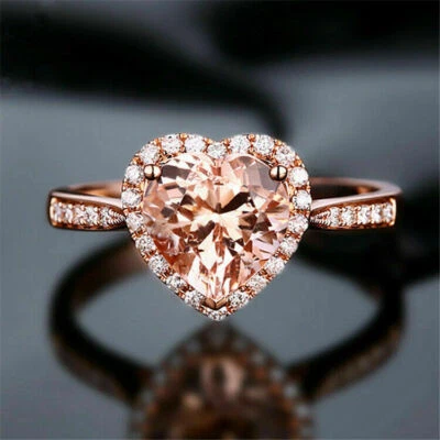 Rose Gold PLATED Champagne CZ Heart Solitaire Elevated Halo Adjustable Ring Gift - Image 1 of 4