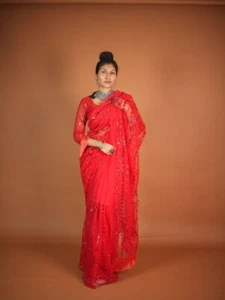 Attractive Net Fabric Red Saree With Designer Blouse For Indian Festival Wear - Picture 1 of 10