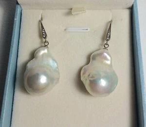 Freshwater Fireball Baroque Pearl Dangle Earrings Sterling Silver White Stones - Picture 1 of 5