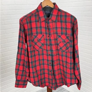 Van Heusen Shirt Mens Large Red Green Tartan Plaid Winter Weight Recycled Wool - Picture 1 of 11