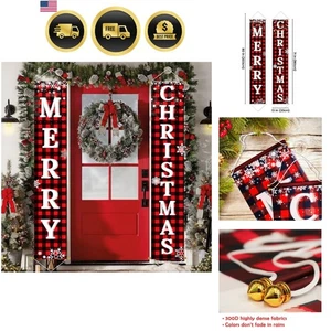 Christmas Decorations Outdoor Yard Front Porch Sign Set Red Black Buffalo Plaid - Picture 1 of 11
