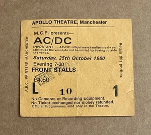 AC/DC Back In Black Tour Manchester Apollo Theatre Concert Ticket Stub 25/10/80 - Picture 1 of 2