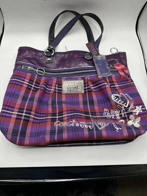New Coach  15886 Poppy Canvas Purple Plaid Graffiti Print Tote/Shoulder Bag - Image 1 of 4