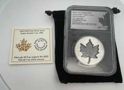 2023年加拿大超级印记黑色铑枫叶1盎司银NGC反面PF70 — 第 1/4 张图片