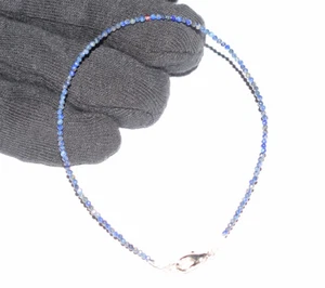 Pulseras de cadena de plata de ley 925 con cuentas redondas de 2 mm de piedras preciosas de lapislázuli de 6" - Imagen 1 de 9