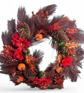 Fall Wreath Autumn Door Decor with Pumpkins Pinecones Leaves Red Flowers 22in  - Picture 1 of 11