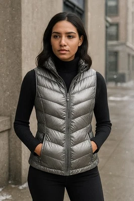 ATHLETA Womens XS Silver Metallic Gunmetal Gray Goose Down Puffer Vest Gorpcore  - Image 1 of 4