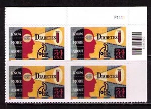 US USA Sc# 3503 MNH FVF PLATE # BLOCK Diabetes Microscope Eye Test Tube - Picture 1 of 1