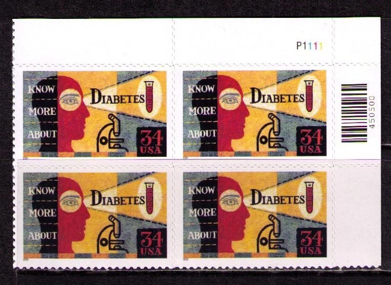 US USA Sc# 3503 MNH FVF PLATE # BLOCK Diabetes Microscope Eye Test Tube - Image 1 of 1