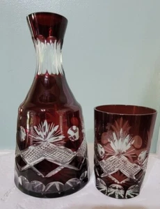 Bohemian Ruby Red Cut To Clear Tumble Up Bedside Carafe & Tumbler Glass Czech - Picture 1 of 12