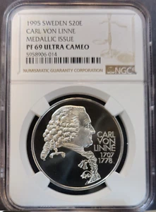 1995 SWEDEN SILVER 20 ECU CARL VON LINNE NGC PF 69 ULTRA CAMEO TOP POP - Picture 1 of 3