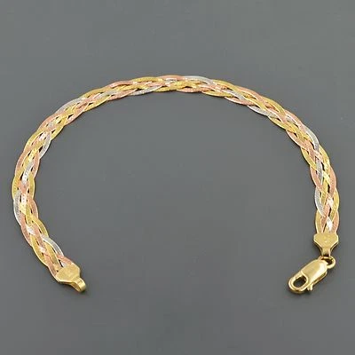 10K GOLD 5.7MM WIDE TRI COLOR 5 STRAND BRAIDED 7.5 INCH HERRINGBONE BRACELET - Image 1 of 2