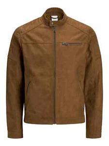 Jack & Jones Faux Suede Jacket Size S/M Cognac Brown Zipped Bomber RRP £60 - Picture 1 of 9