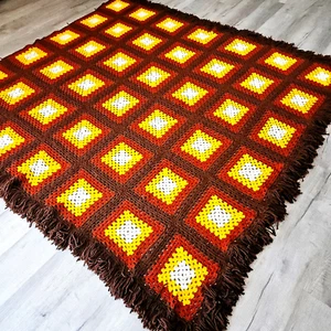 Vintage 70s Crochet Afghan Throw Blanket 80" x 80" Retro MCM Granny Boho Hippie - Picture 1 of 8