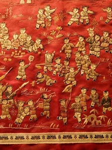 Vintage Bambus gerahmt chinesische Seide Handstickerei 100 Kinder spielen 14x27" - Bild 1 von 11