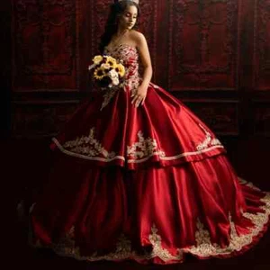 Red Mexican Quinceanera Dresses Ball Gown Satin Applique Sweet 16 Party Dress - Picture 1 of 4