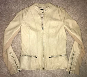 Black Rivet Express Damen Small Kunstleder Moto Biker Reißverschluss Jacke hellbraun beige - Bild 1 von 12