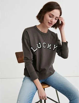 Lucky Brand LUCKY Chenille Raw-Edged Logo Applique Sweatshirt Size Small 7W72495 - Image 1 of 4