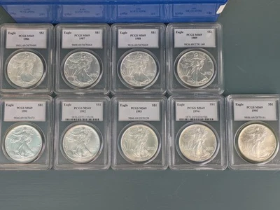 JUEGO PRÍSTINO PCGS MS69 ÁGUILAS DE PLATA 1986 - 2003 (17 monedas, falta fecha 1990) Foto 1 de 4