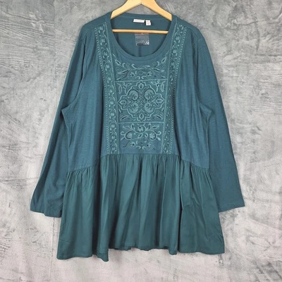 LOGO Lori Goldstein Top 3X Túnica Verde Bordada Floral Boho Campesina Lagenlook Foto 1 de 4