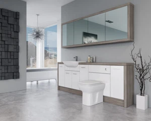 BATHROOM FITTED FURNITURE 2200MM WHITE GLOSS / DRIFTWOOD D3 WITH WALL UNIT - BAT - Picture 1 of 5