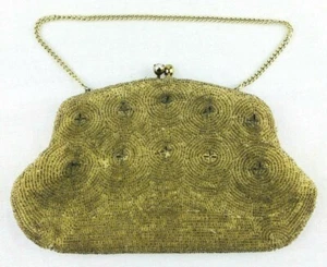 Vintage 1950's Era Embellished Taupe Beaded Clutch Purse - Wristlet *K - Picture 1 of 9