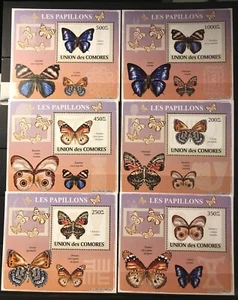 Butterflies / Insects / Fauna on stamps Comoros  6 DeLuxes  Timbres - MNH** Z21 - Picture 1 of 1