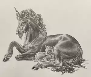 Melody Pena Einhorn & Baby Print ~ 1981 ~ gerahmt schwarz-weiß ~ detailliertes Stutenfohlen - Bild 1 von 12