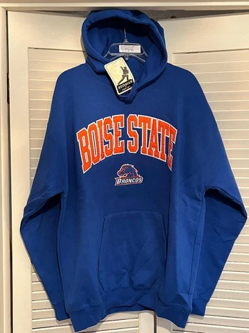 BOISE STATE SWEATSHIRT Broncos Reebok Heisman Edition Sewn Blue Hoodie LG XL NWT Cover