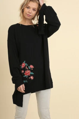 Umgee Sweater Floral Embroidered Sweater with Wrist Ties in Black - Image 1 of 4