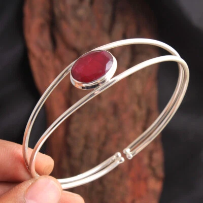 Kashmir Ruby Gemstone Bracelet 925 Solid Sterling Silver HANDMADE Fine Jewelry - Image 1 of 2