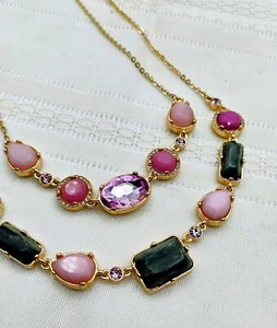 White House Black Market Necklace Gold, Pink & Green stone Choker, 2 In 1 NWT 7" - Picture 1 of 10