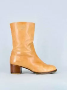 CHANEL Block Heel CC Beige Leather 60mm Size 40.5 Mid Calf Boots - Picture 1 of 10