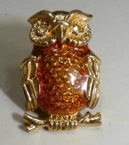 Gold Tone Owl Stick Pin, Rhinestone Eyes, Orange Body - Picture 1 of 3
