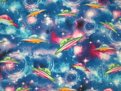 Space Ships UFO Galaxy Lights Stars Bright Sky Colors Cotton Fabric BTHY  - Image 1 of 4