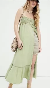 Free People Linda Jo Maxi Midi Dress Ruffled Hem Smocked Top Button Green M NWT - Picture 1 of 7