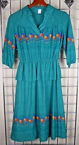 Vintage Midikleid Gr. S/M 70er Jahre smaragdgrün Glanz weiß Punkte rot blau geblümt - Bild 1 von 12